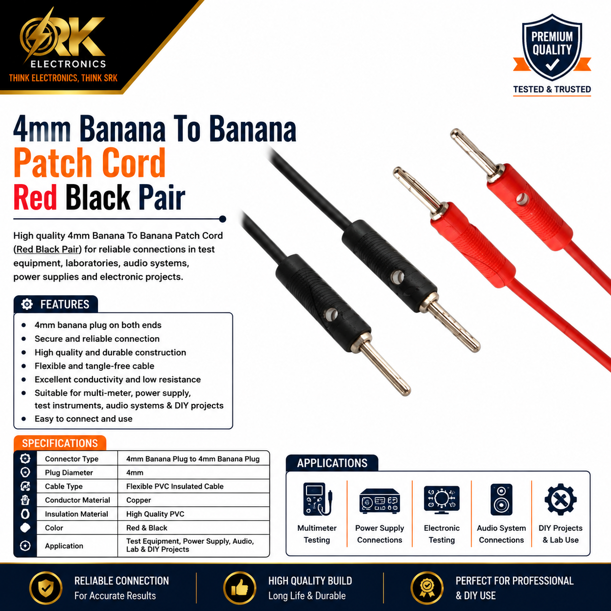 4mm Banana To Banana Patch Cord Red Black Pair-srkelectronics.in