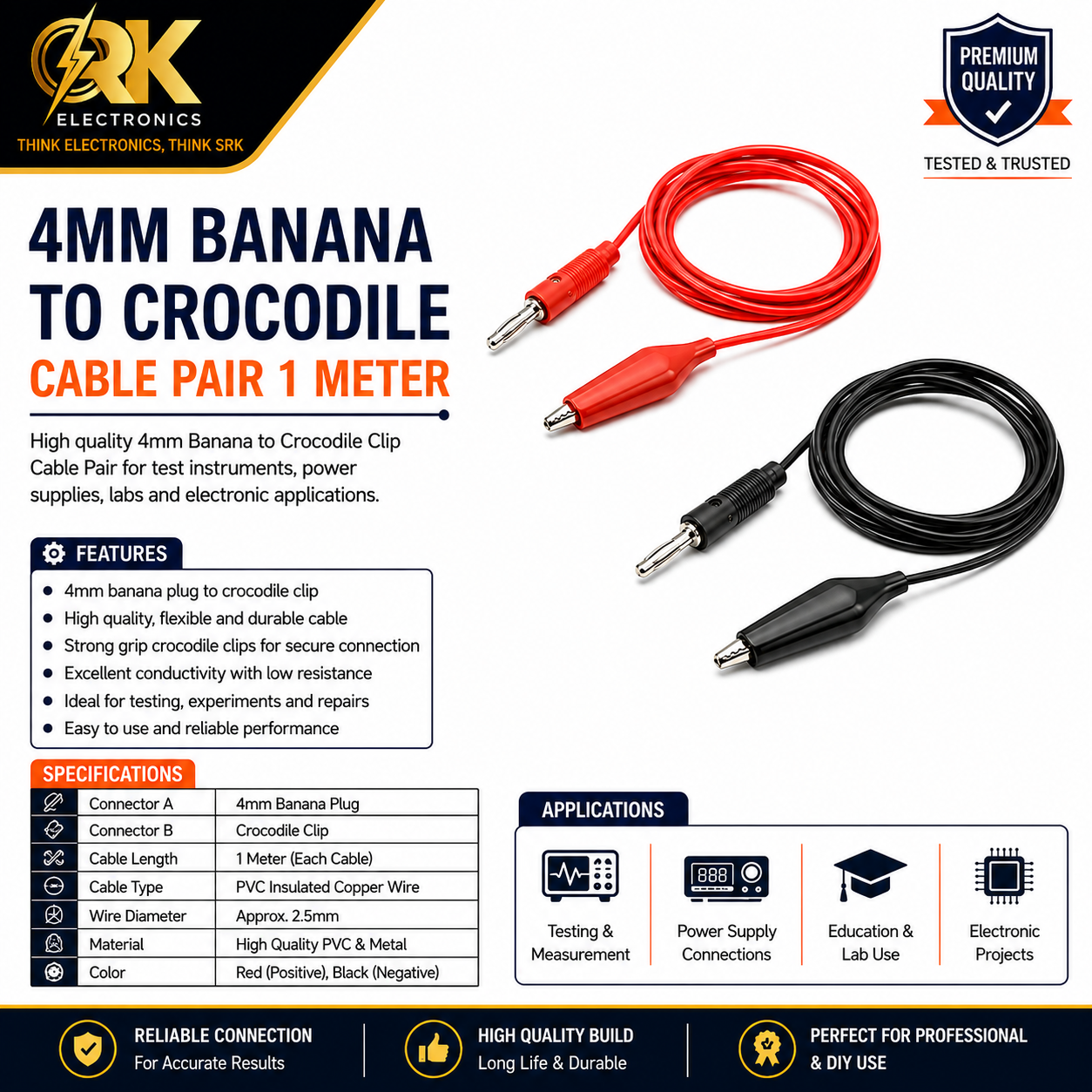 4mm Banana To Crocodile Red Black Cable Pair 1Meter-srkelectronics.in