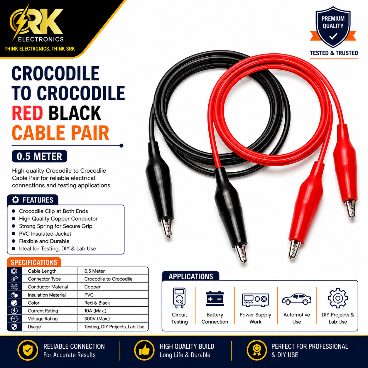 Crocodile To Crocodile Red Black Cable Pair 0.5 Meter-srkelectronics.in
