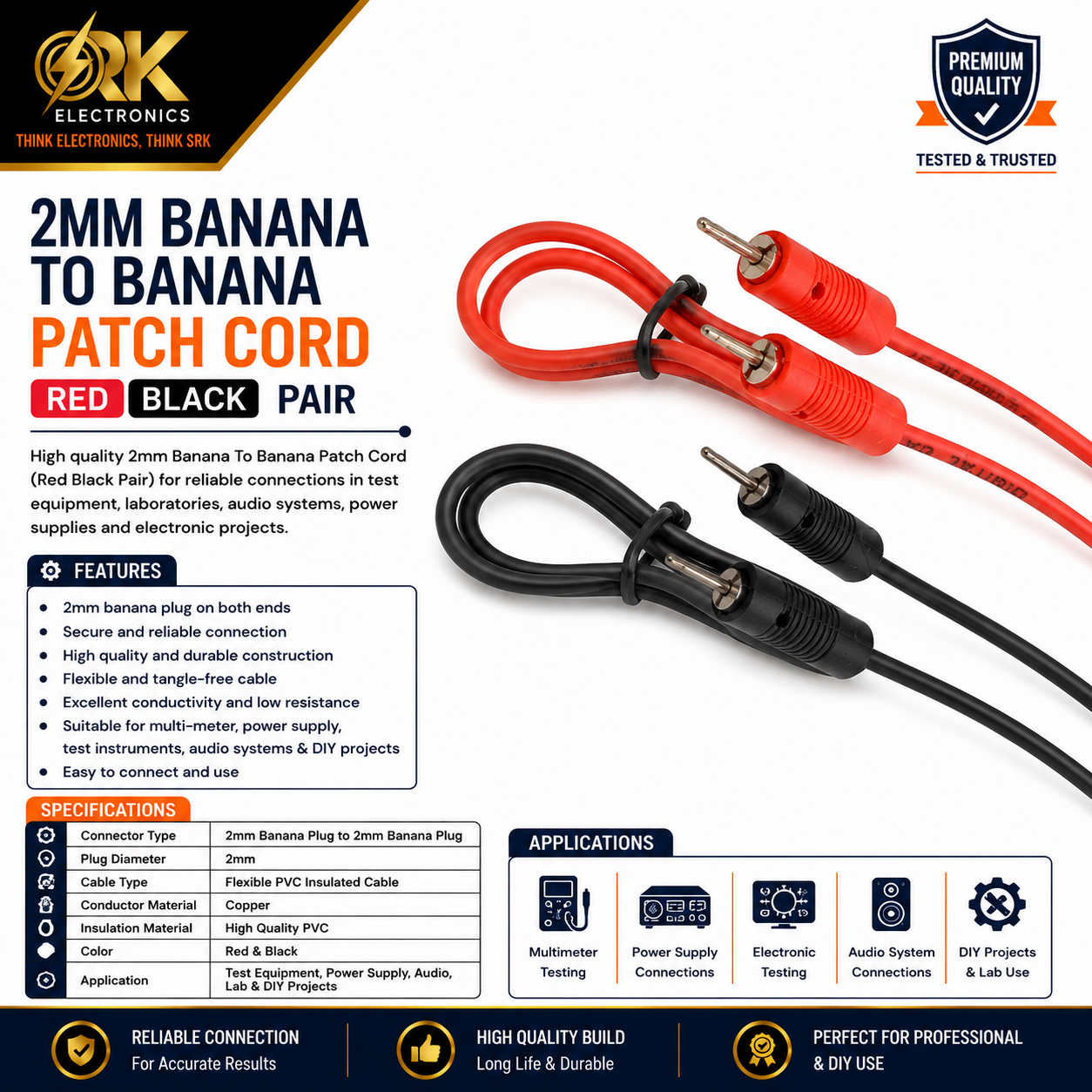 2mm Banana To Banana Patch Cord Red Black Pair-srkelectronics.in