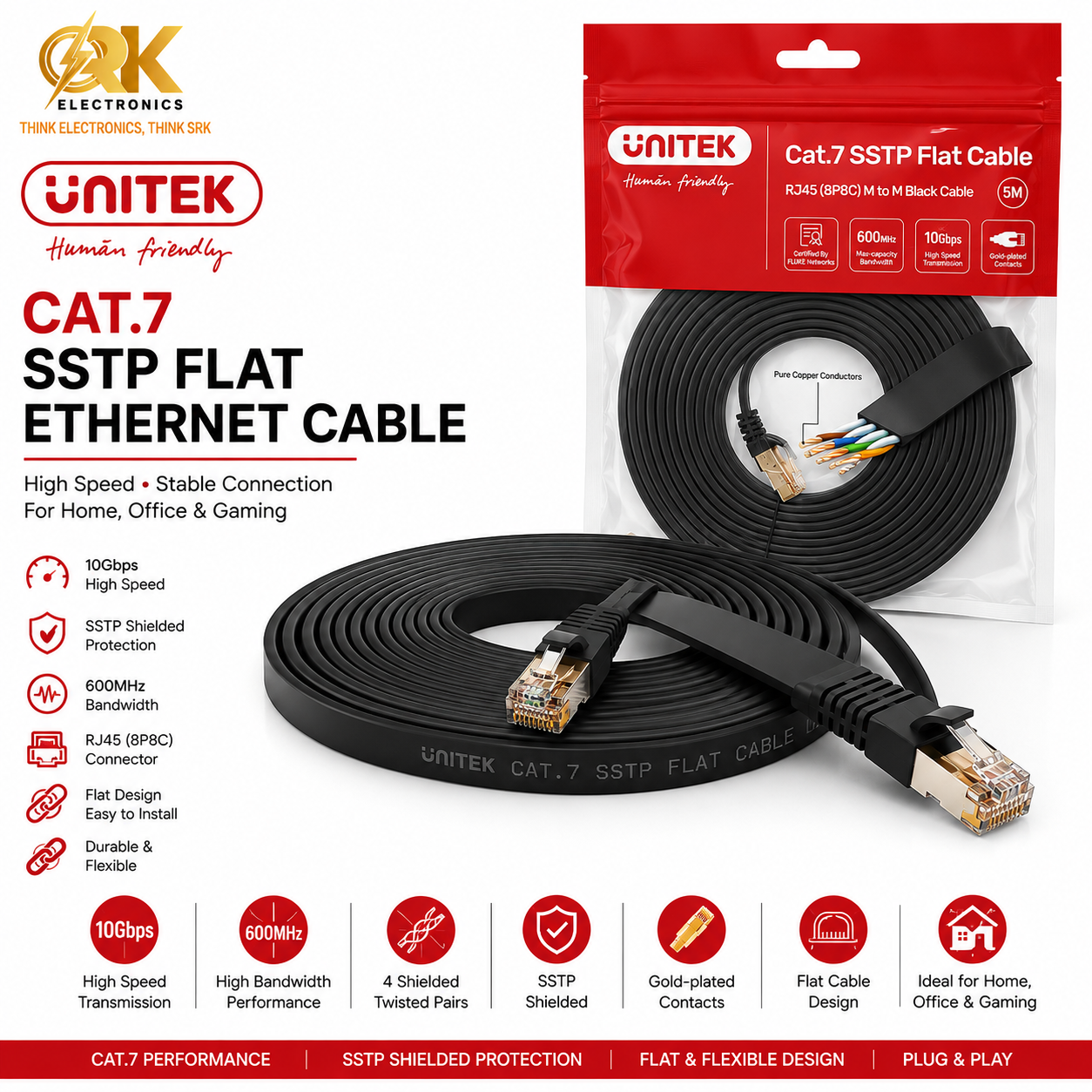 UNITEK Cat 7 SSTP RJ45 Flat Ethernet Cable-srkelectronics.in