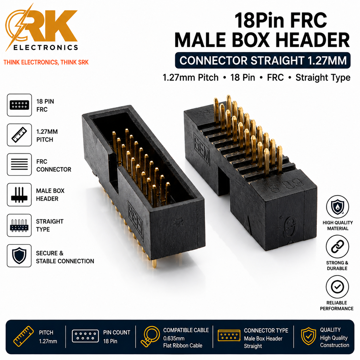18Pin FRC Male Box Header Connector Straight 1.27mm-srkelectronics.in