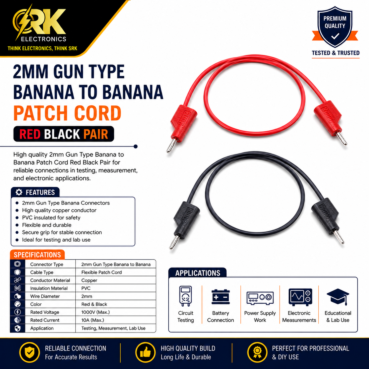 2mm Gun Type Banana To Banana Patch Cord Red Black Pair-srkelectronics.in