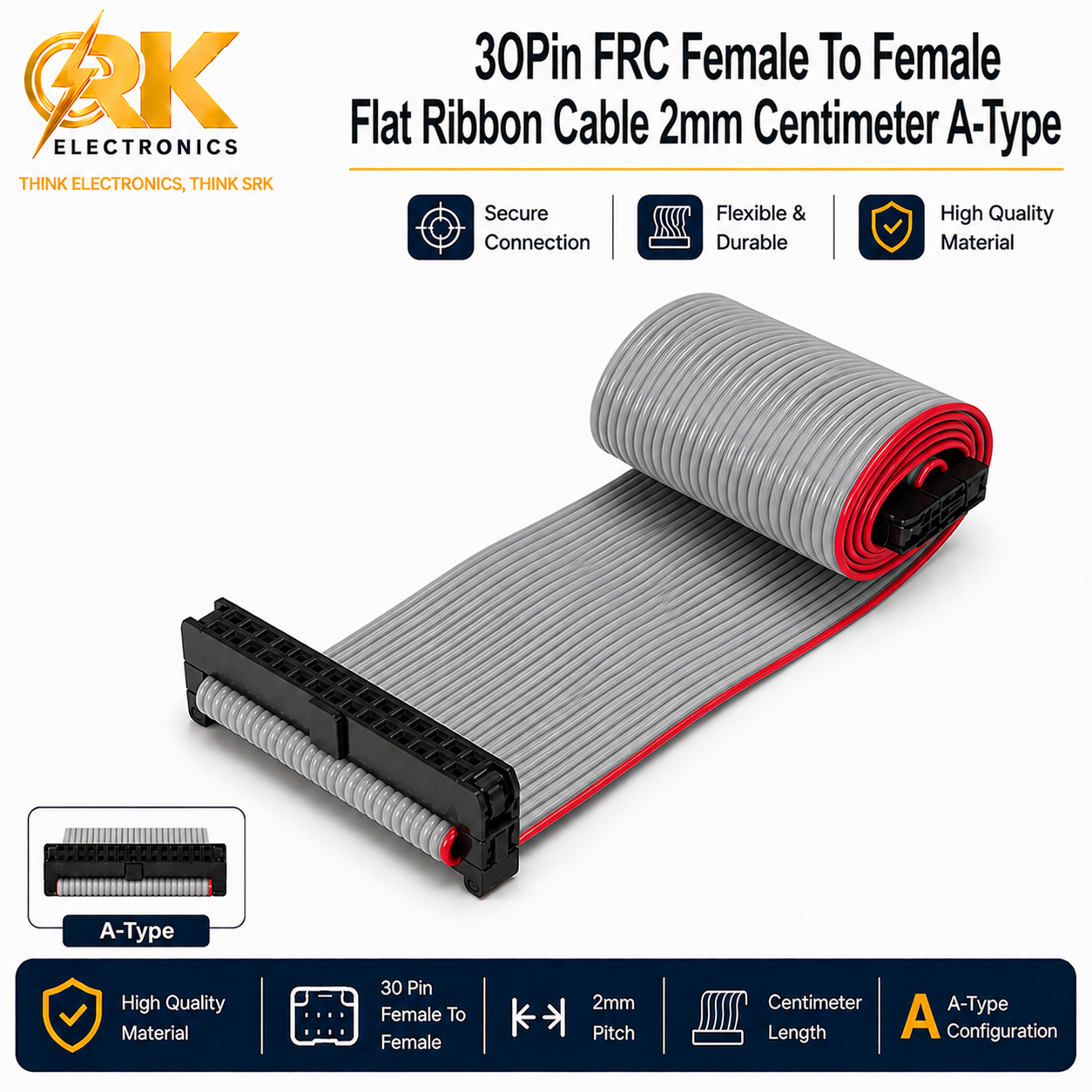 30Pin FRC Female To Female Flat Ribbon Cable 2mm Centimeter A-Type-srkelectronics.in