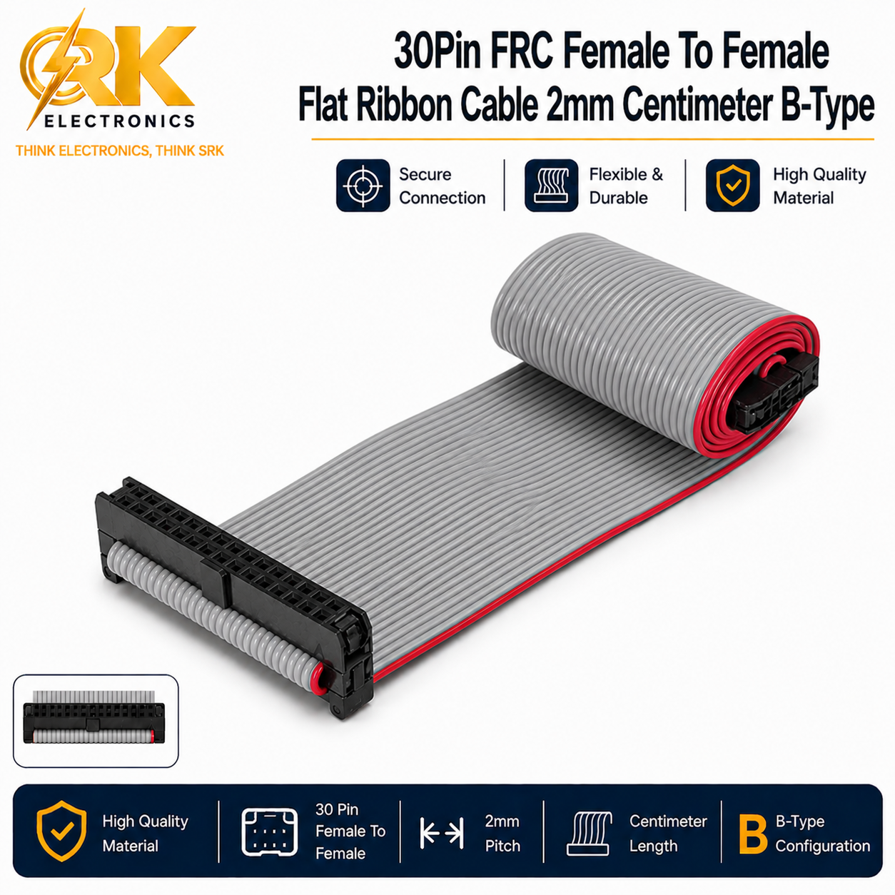 30Pin FRC Female To Female Flat Ribbon Cable 2mm Centimeter B-Type-srkelectronics.in