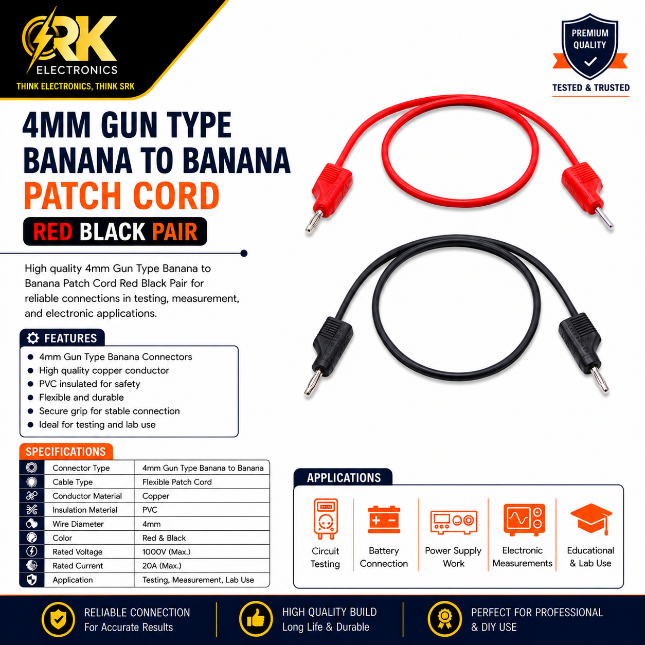 4mm Gun Type Banana To Banana Patch Cord Red Black Pair-srkelectronics.in