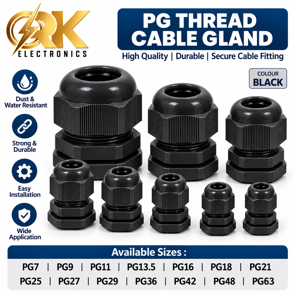 Black Color PG Thread Cable Gland-srkelectronics.in