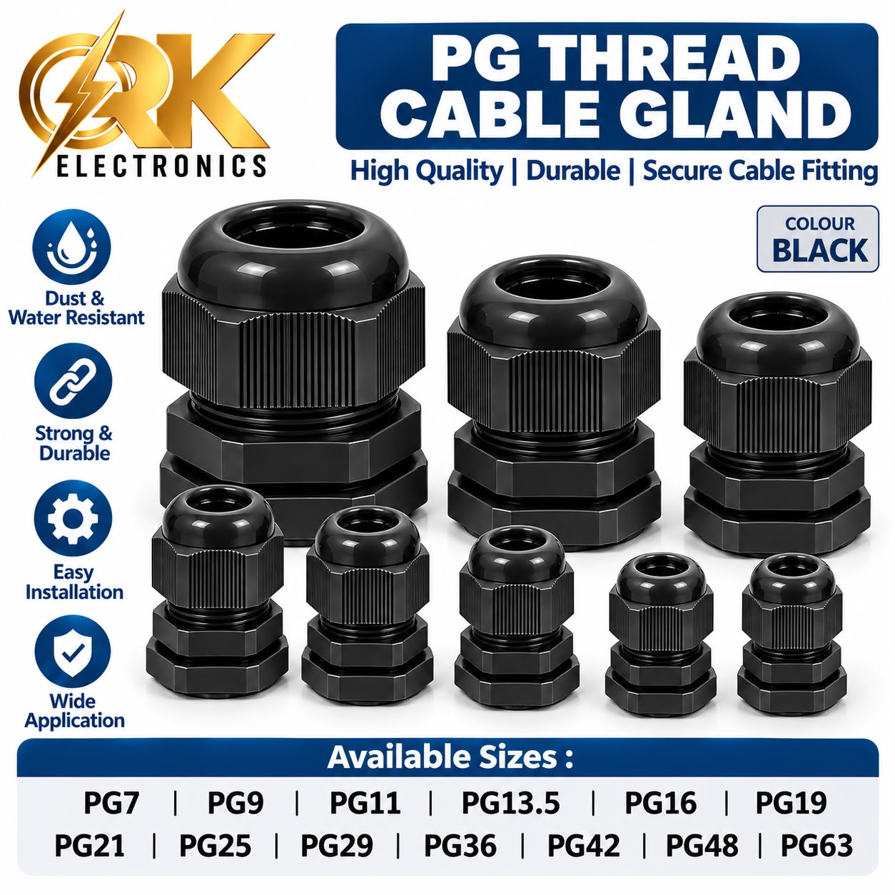 Black Color PG Thread Cable Gland-srkelectronics.in