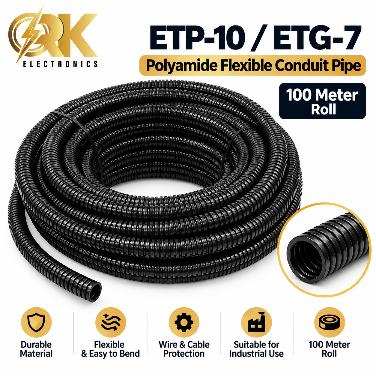 ETP-10 ETG-7 Polyamide Flexible Conduit Pipe 100 Meter Roll-srkelectronics.in