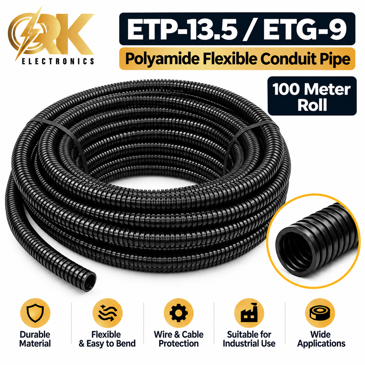 ETP-13.5 ETG-9 Polyamide Flexible Conduit Pipe 100 Meter Roll-srkelectronics.in