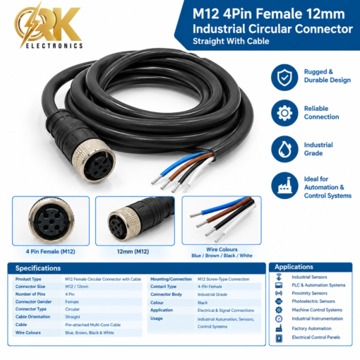 M12 4Pin Female 12mm Industrial Circular Connector Straight With Cable-srkelectronics.in