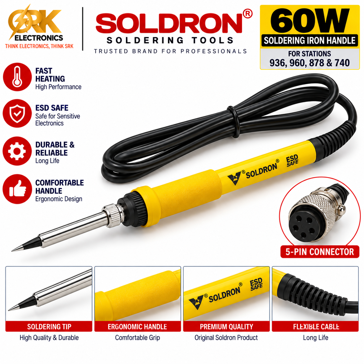 Soldron 60W Soldering Iron Handle for Stations 936, 960, 878 & 740-srkelectronics.in