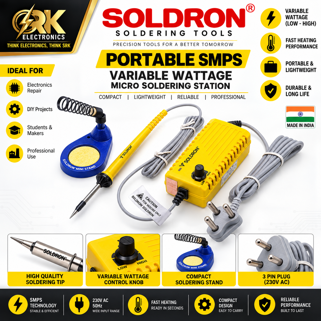 Soldron Portable SMPS Variable Wattage Micro Soldering Station-srkelectronics.in